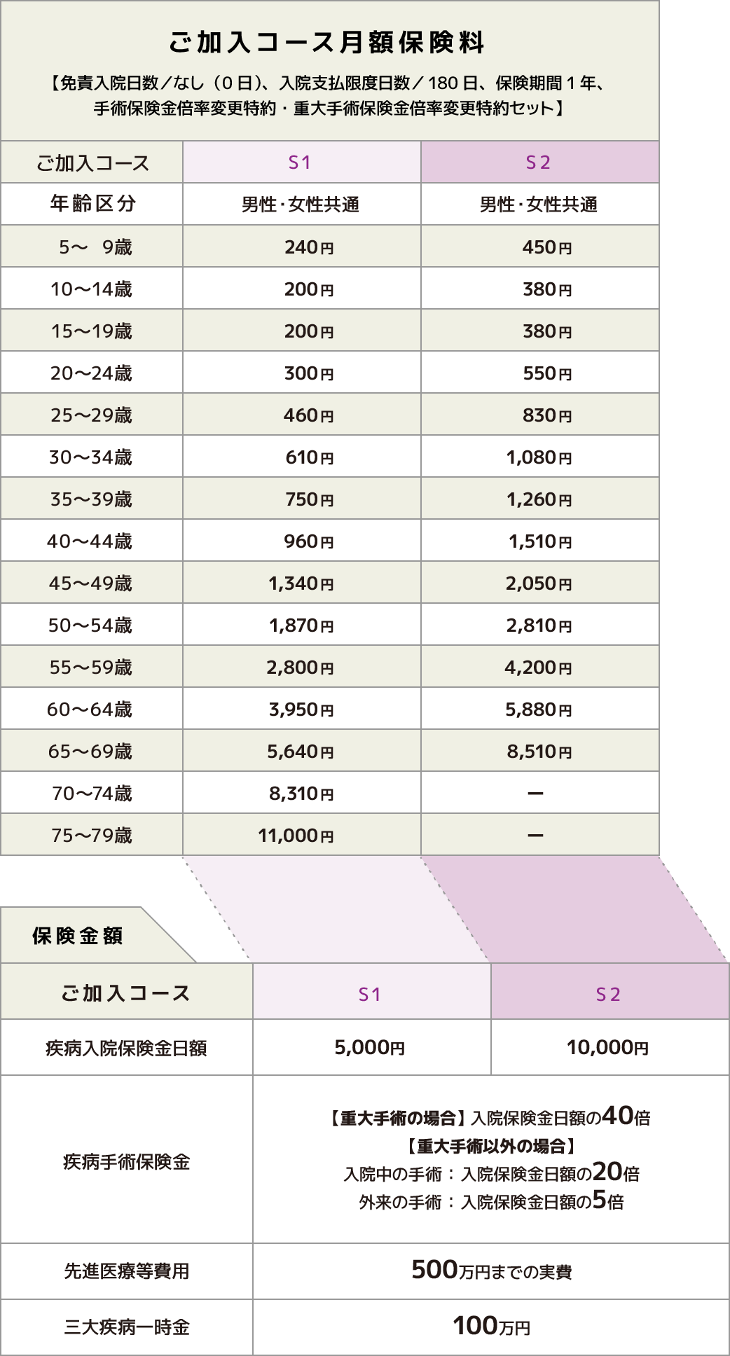 保険金額・保険料表
